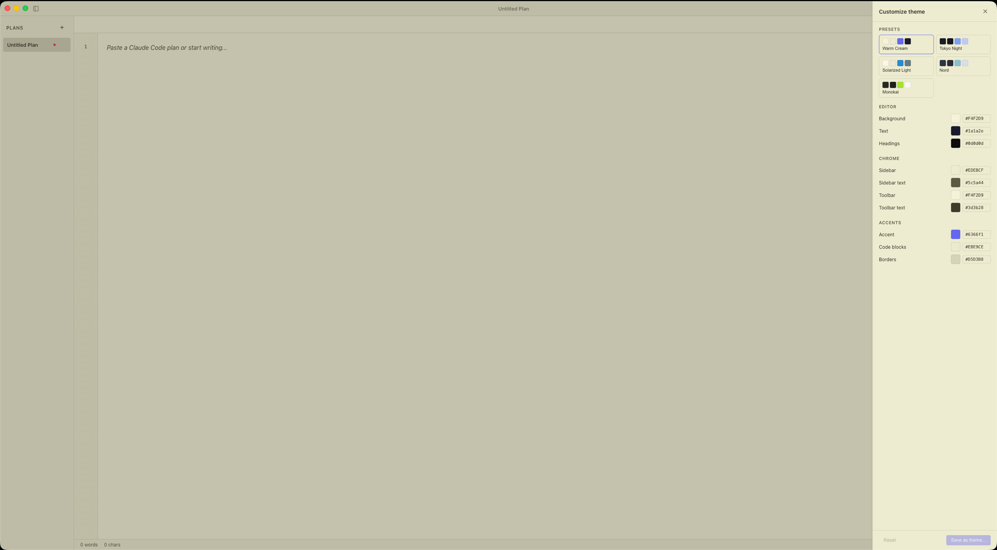 Theme customizer panel showing color pickers for editor, chrome, and accent colors